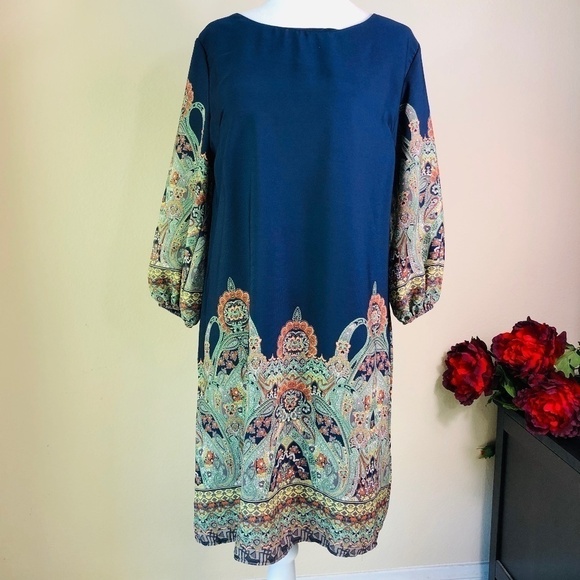 Gibiu Shift  Navy Blue  Print Dress  M - Picture 1 of 8